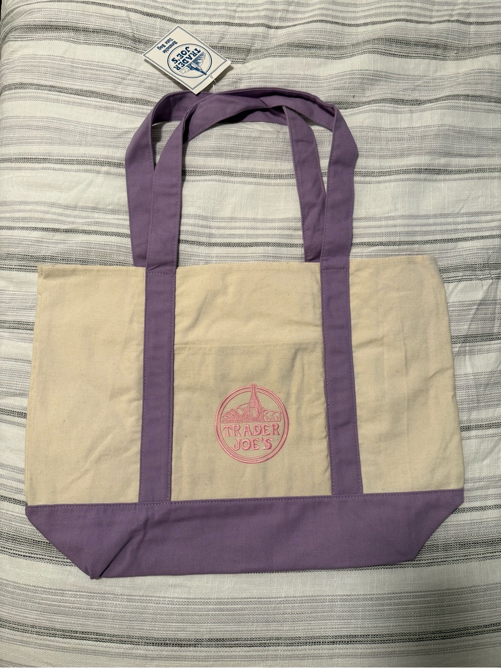 Trader Joe’s Large Cream & Purple Canvas Tote Bag